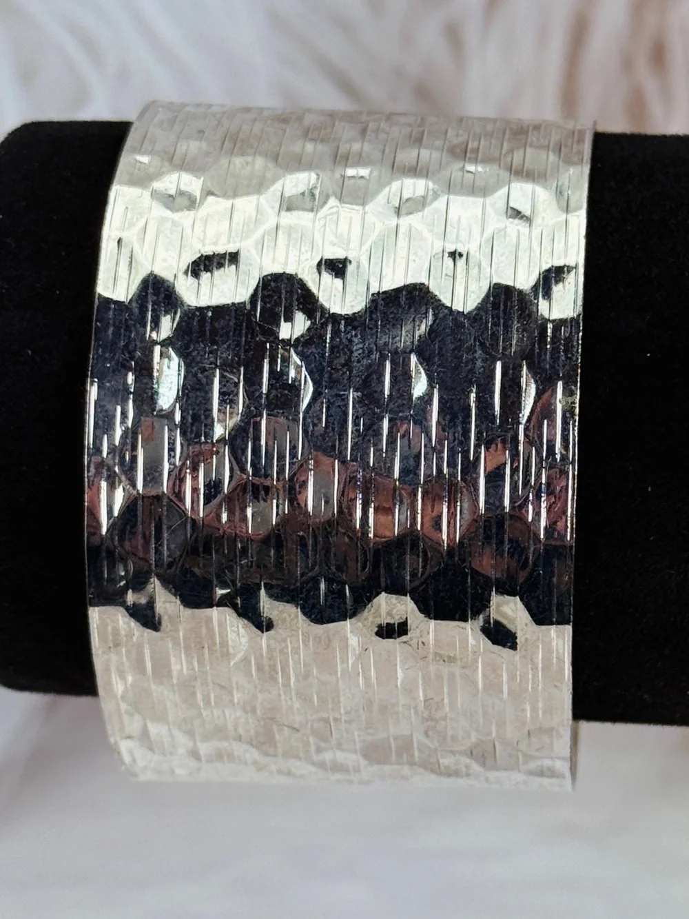 Wide Silver Cuff Bracelet Hammered Textured Reflective Statement Open Bangle